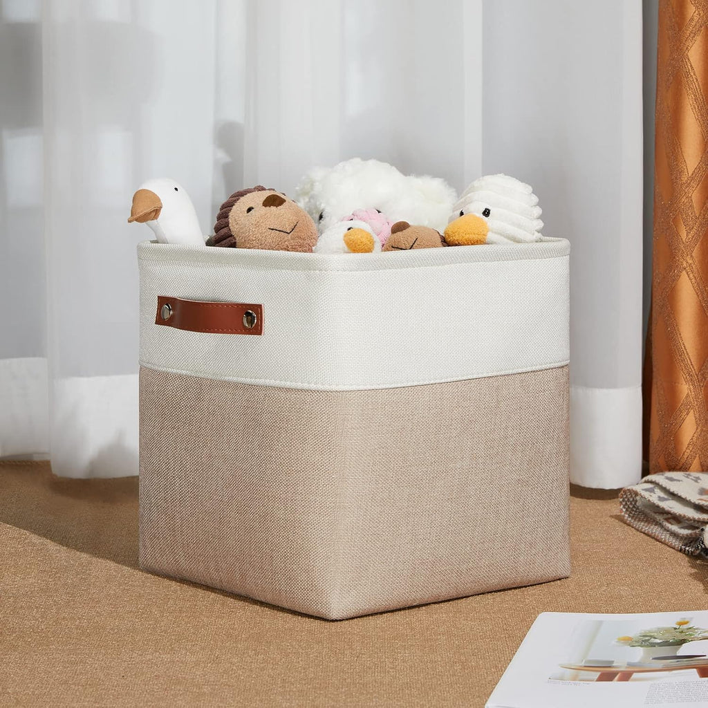 DULLEMELO 11 inch Cube Storage Bins, Large Collapsible Grey Storage Baskets for Square Cubes Organizing, Fabric Boxes Bins for Shelves Nursery Home Office Storage(4 Pack - 11" White&Khaki)
