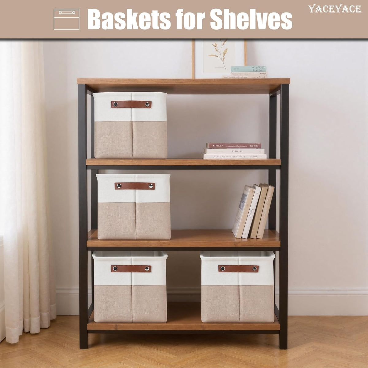 Storage Baskets with Handles, 4 Pack Foldable Storage Bins for Shelves, Linen Fabric Basket for Home Decorative,Organizing Cloth Toy Nursery