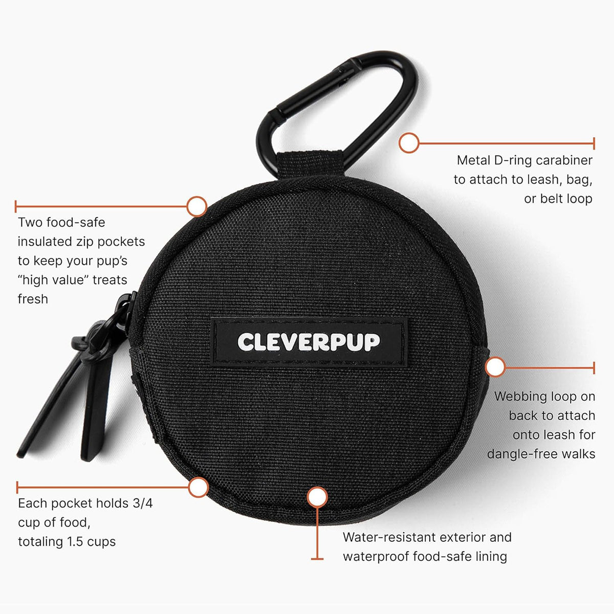 Snackpack Double Insulated Dog Treat Pouch - Holds 1.5 Cups - Dog Training and Walks Snack Bag, Two Pockets for Dry or Wet Treats, Attaches to Leash, Belt, or Bag - Graphite