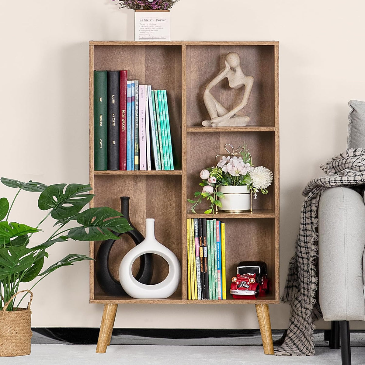5 Cube Small Bookshelf,3 Tier Mid-Century Modern Bookcase with Legs,Wood Kids Bookshelves Storage Organizer Shelf,Free Standing Narrow Book Shelves,Oak Grey Corner Bookcases for Bedroom,Living Room