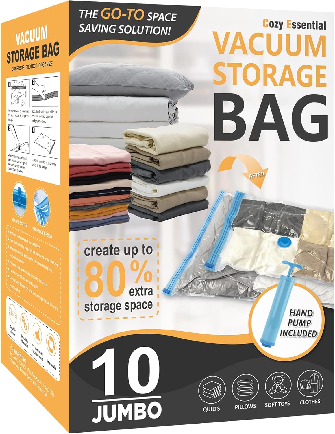10 Jumbo Vacuum Storage Bags, Space Saver Bags Compression Storage Bags for Comforters and Blankets, Vacuum Sealer Bags for Clothes Storage, Hand Pump Included