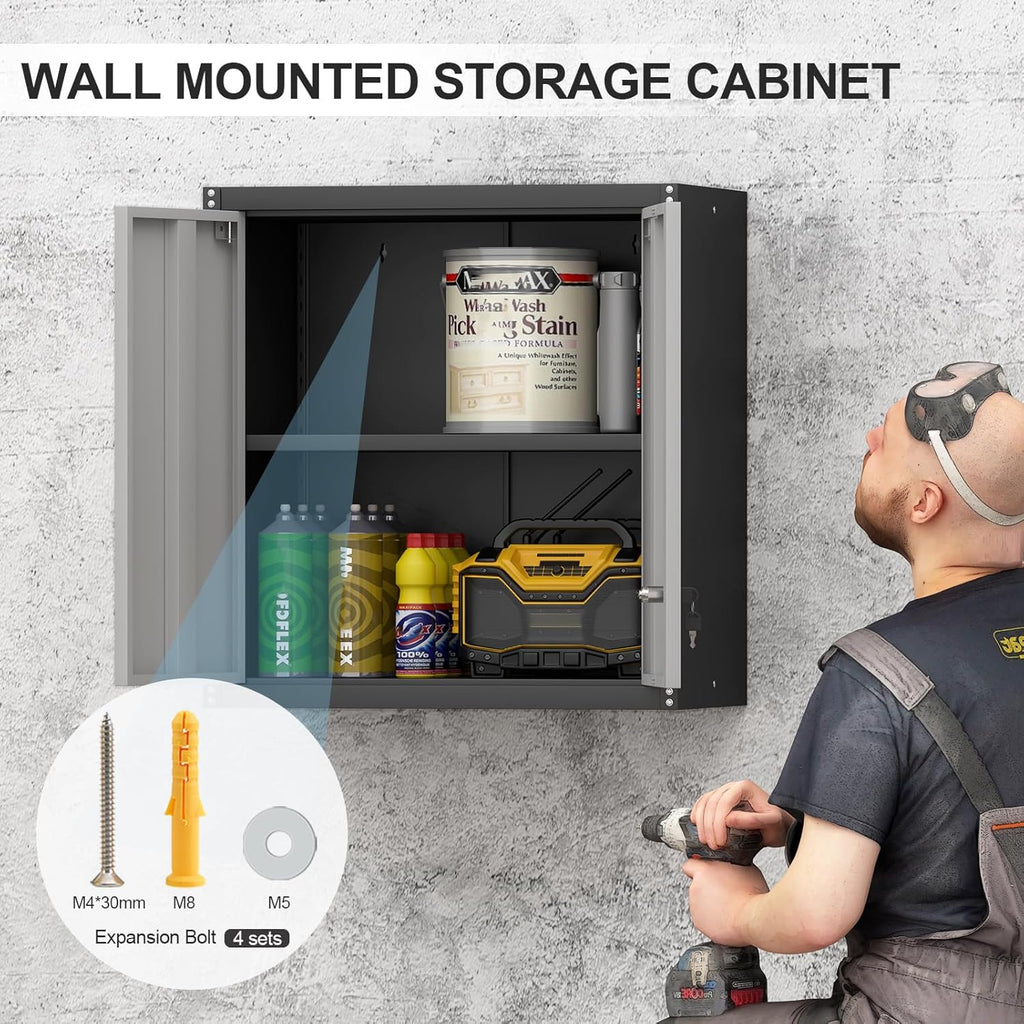 Metal Wall Cabinet, Garage Cabinets Wall Mounted, Locking Storage with Adjustable Shelves, Wall Mounted Garage Cabinet with Doors, Floating Cabinet for Home Office, Utility Room