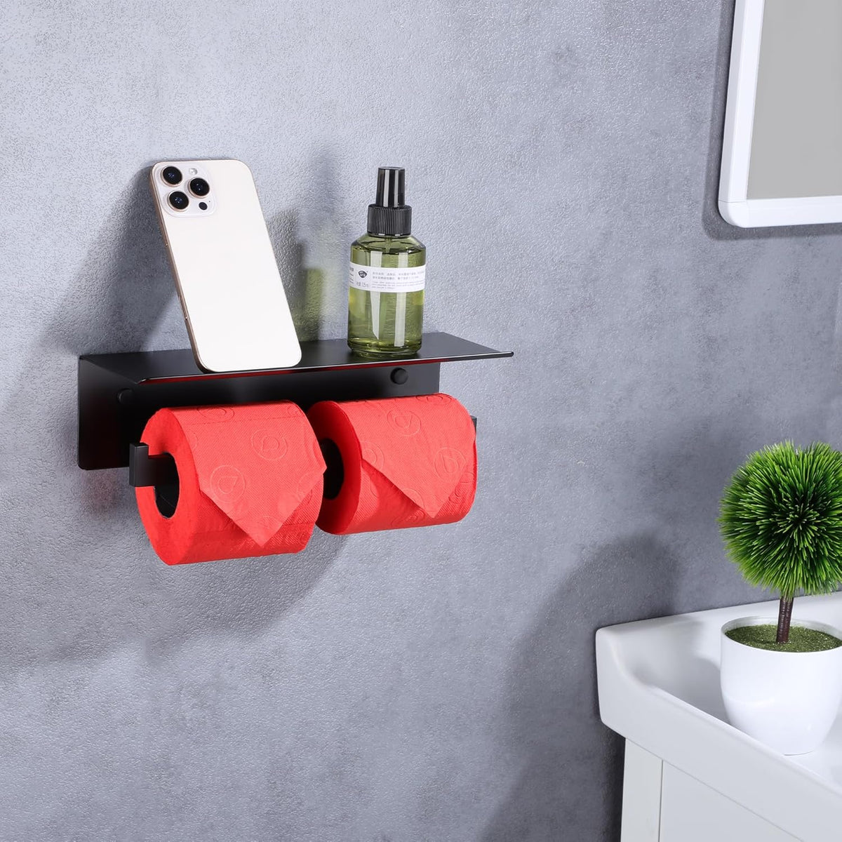 LANC Double Toilet Paper Holder with Shelf, Matte Black Commercial Roll Tissue Dispenser with Phone Shelf for Bathroom Wall Mounted or 3M Self-Adhesive Stainless Steel Storage, A8377MB