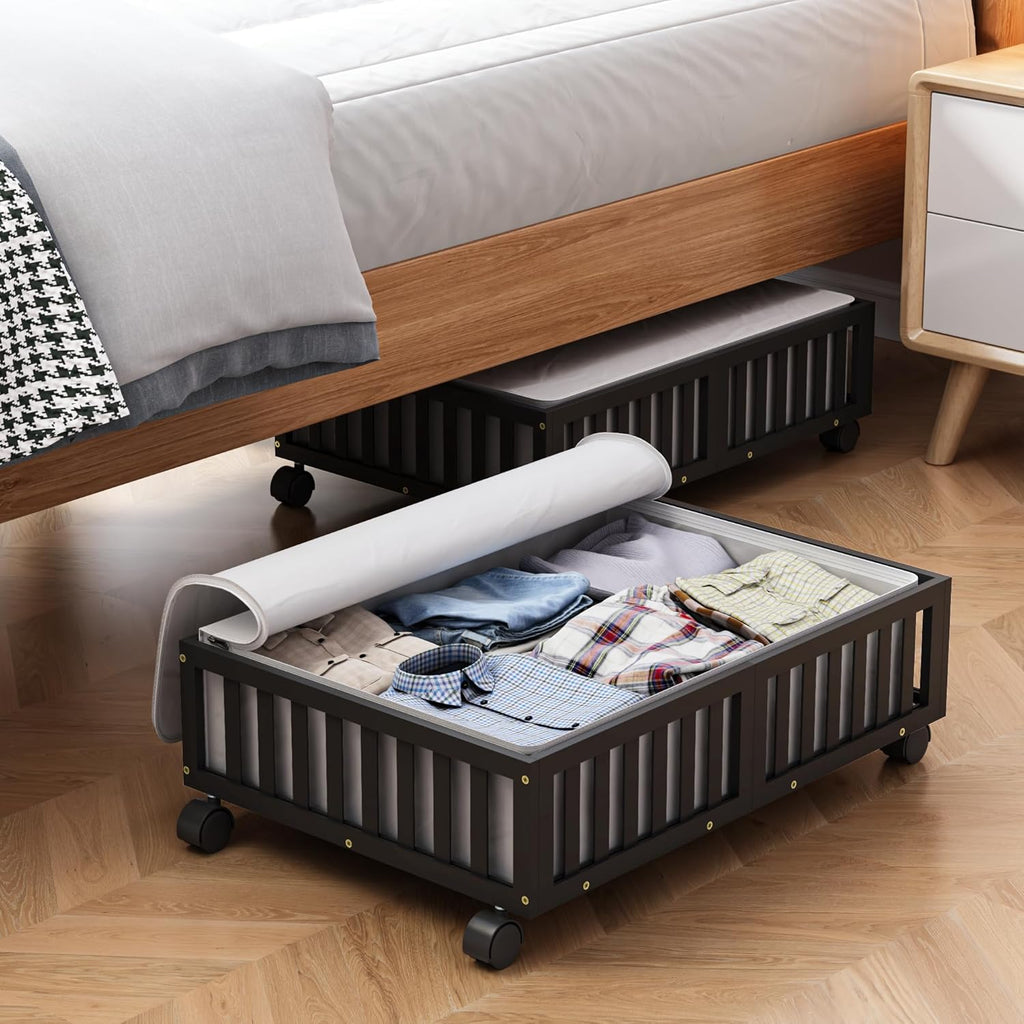 Bamboo Under Bed Storage Containers with Wheels, 2 Pack Under the Bed Shoe Storage Bins, Wood Rolling Underbed Drawers Organizer for Bedroom, Closet, Clothes Blanket Comforter and Under Crib Toy Black