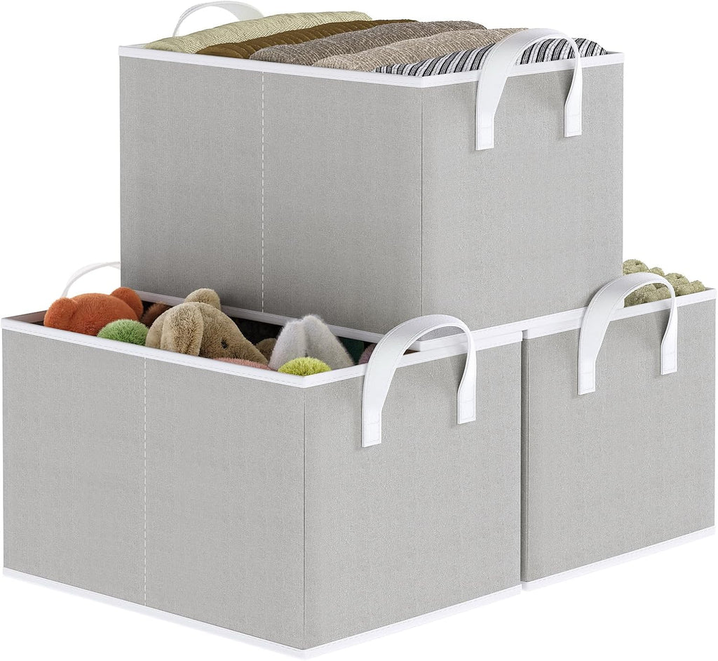 Closet Storage Bins, Fabric Closet Organizers and Storage Basket for Shelves, Collapsible Shelf Baskets for Organizing Shelves, Bedroom Clothes Basket, Gray, 3 Pack