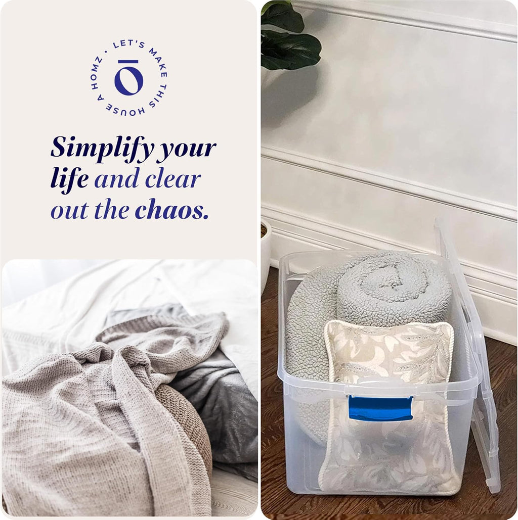 HOMZ 2-Pack Latching Lid, Large Clear Plastic Storage Bins with Lids, 66 Quart, Blue Latch - Stackable Container Boxes for Home, Bathroom, and Office Organization
