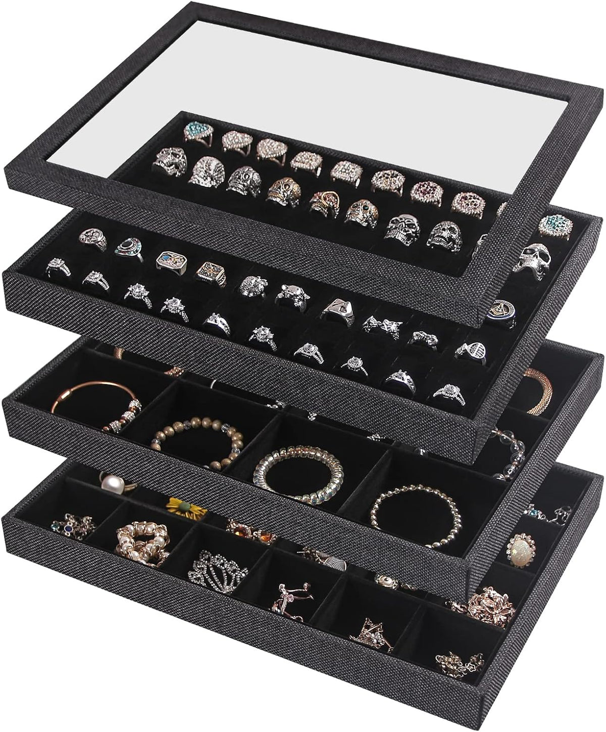 Julysky 4 Pcs/set Stackable Jewelry Organizer Trays with Glass Lid,100 Slots Ring Holder,Bracelet Displays Stand for Selling Necklace Earring Rack