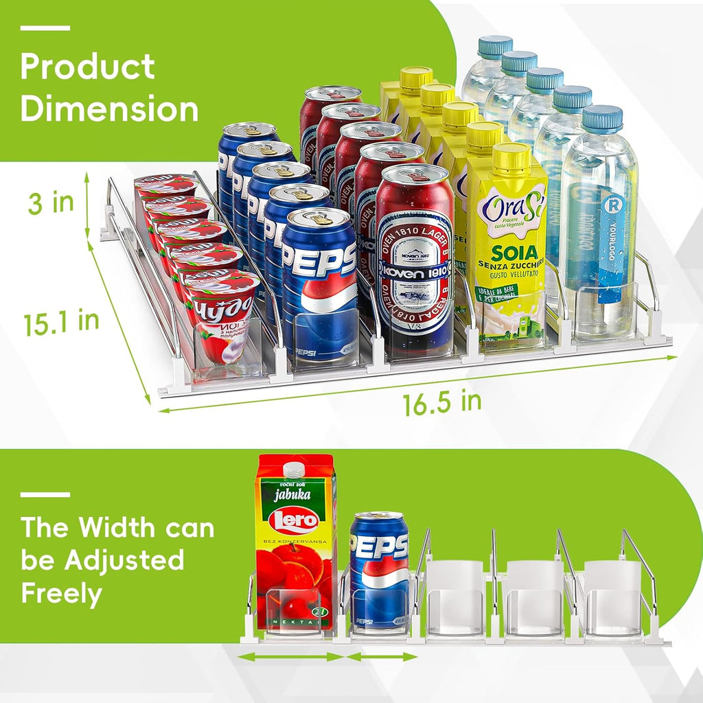 Soda Can Dispenser for Refrigerator,Self-Pushing Drink Organizer for Fridge, Width Adjustable Fridge Organization, Beer Pop Can Water Bottle Drink Dispenser for Fridge (15.1"D) White (White, 6 Row)