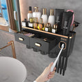 iHave Toothbrush Holders for Bathrooms - Upgrade Wall Mounted Toothbrush Holder with Toothpaste Dispenser - 4 Cups, Large Capacity Tray, 2 Cosmetic Drawer - Bathroom Organizers and Storage