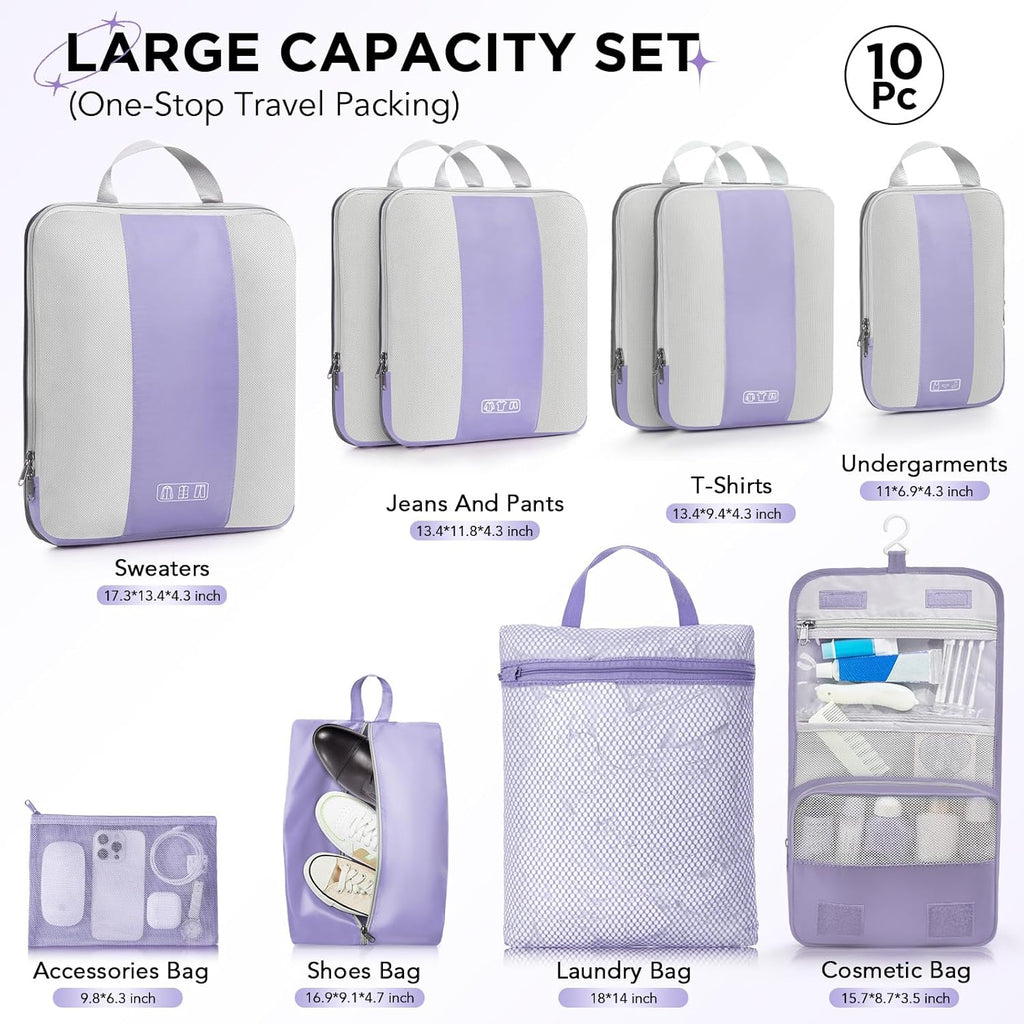10 Set Compression Packing Cubes for Travel Essentials,Compressible Expandable Packing Cubes for Suitcase,OlarHike Luggage Organizer Bags for Travel,Handy Helper for Organizing Clothes(Purple Gray)