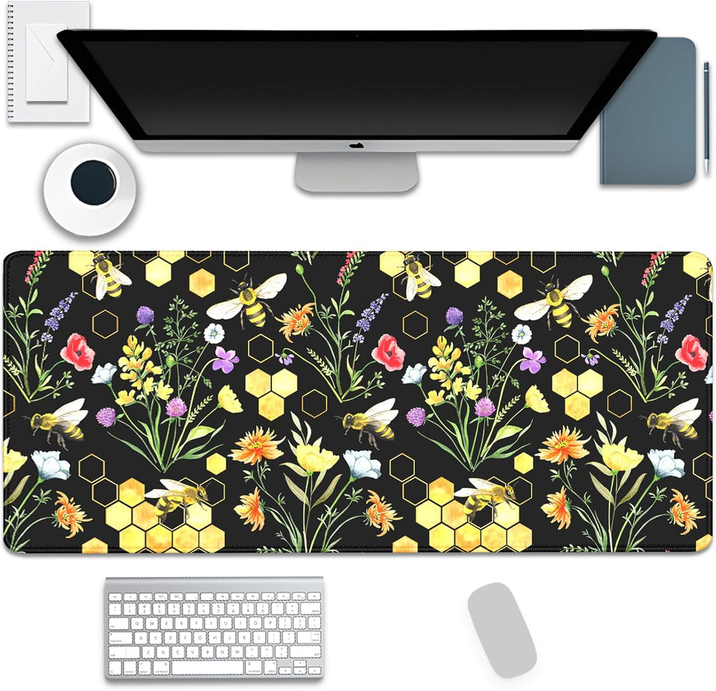 Bees and Honeycombs Mouse Pad,XL Large Wildflowers Mousepad Desk Pad with Stitched Edges,Non-Slip Waterproof Rubber Base Mouse Mat Desk Mat for Office Computer Keyboard Laptop Home(27.5x11.8 in)