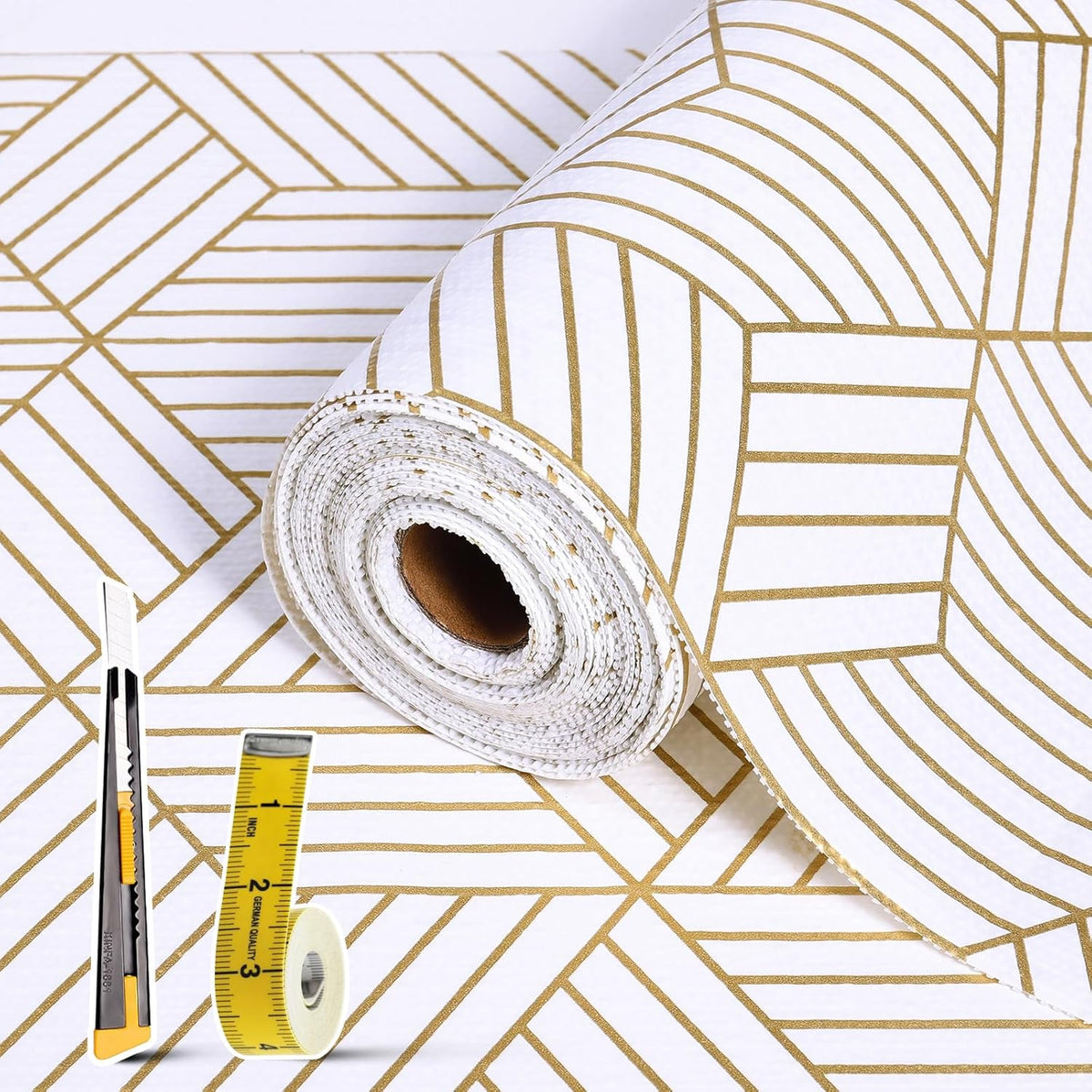 Shelf Liners for Kitchen Cabinets 17.3in x 49.21FT, Non Adhesive Cabinet Liner Strong Non-Slip Thickened Gold Geometric Drawer Liner, Easy to Clean for Shelf, Cabinet with Knife and Tape Measure