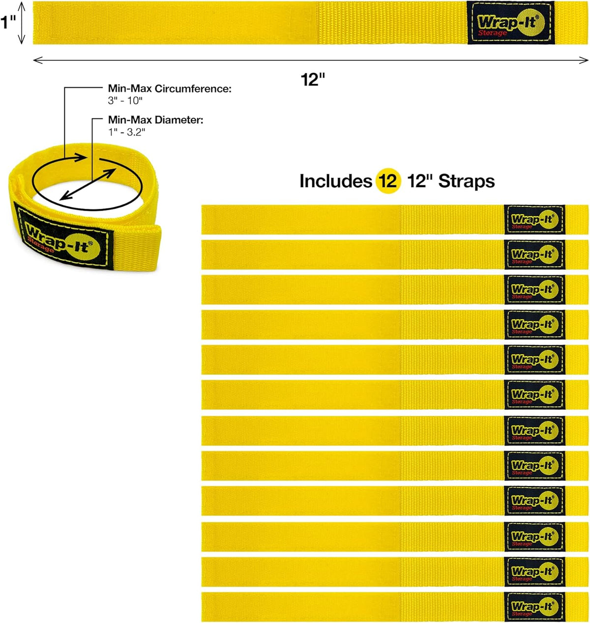 Quick-Straps by Wrap-It Storage - 12" (12 Pack) Yellow - Extension Cord Holder for RV and Boat Organizing