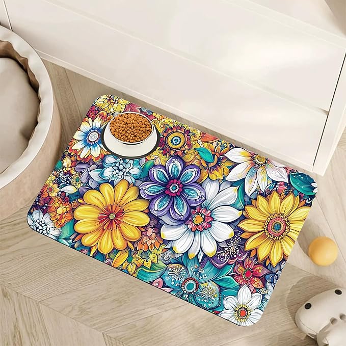 Floral Dog Food Mat for Floors,Cute Mandala Flower Absorbent Quick-Dry Pet Feeding Mat,Cat Dog Bowl Mats for Food and Water,Non-Slip Pet Accessories Supplies 16"x24"