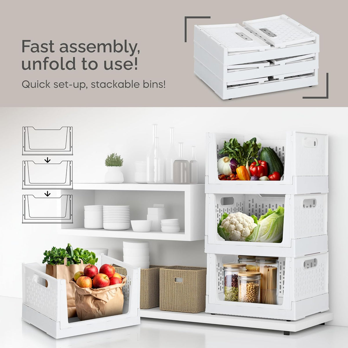 TidyFriend Stackable Storage Bins with Wheels, 3 Pack Foldable Storage Bins Box, Plastic Shelves Drawer Organizer Container for Closet Office Bedroom Kitchen Bathroom (Ivory)