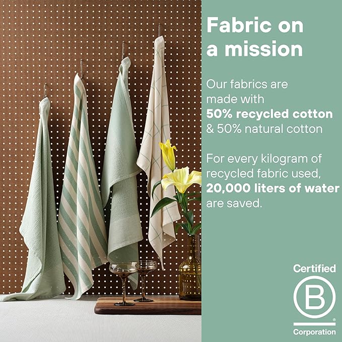 MEEMA Kitchen Towels and Dishcloths Sets of 4 | Large 18 x 28 Inch | Upcycled Cotton Tea Towel | Super Absorbent Cotton Dish Towels for Kitchen | Sage Green Stripes | Hand Towels