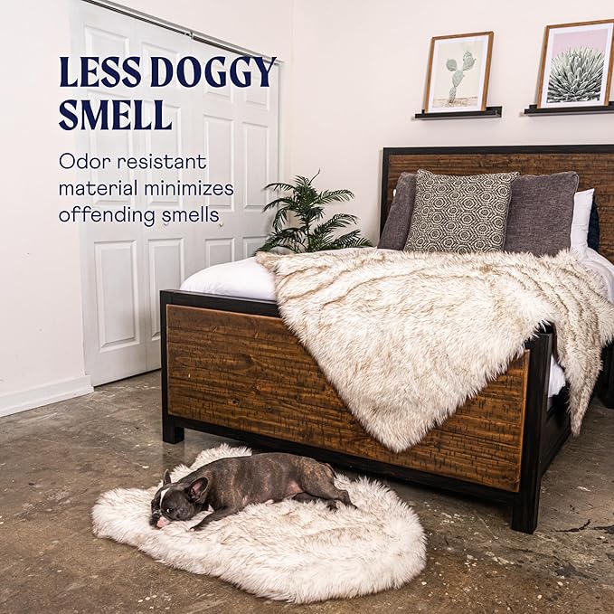 PAW Brands PupRug Orthopedic Dog Bed for Large Dogs with Fluffy Soft Faux Fur and Memory Foam for Joint Pain Relief, Machine Washable and Waterproof Couch Bed, White with Brown Accents, Medium