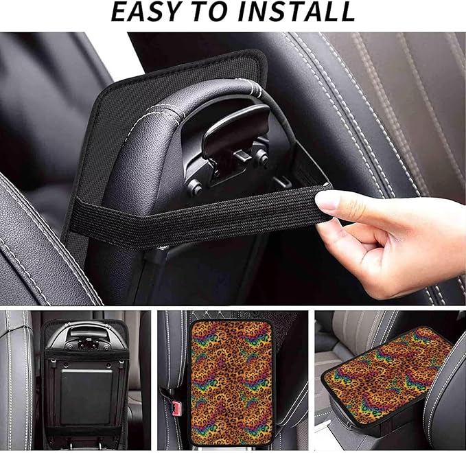 Center Console Cover Rainbow Leopard Armrest Box Cushion Pad Animal Cheetah Arm Rest Lid Covers SUV Sedans Truck Interior Accessories, Anti-Scratch Car Decor Protector, Brown
