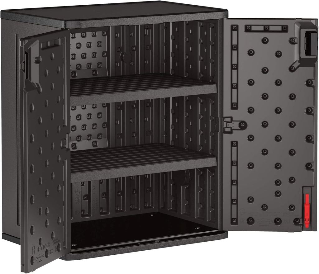 Suncast Heavy-Duty Resin Outdoor Storage Cabinet, 30" W x 20.25" D x 36" H Dark Grey Base Garage Storage Cabinet with Lockable Doors and Metal Reinforced Shelves, Made in The USA