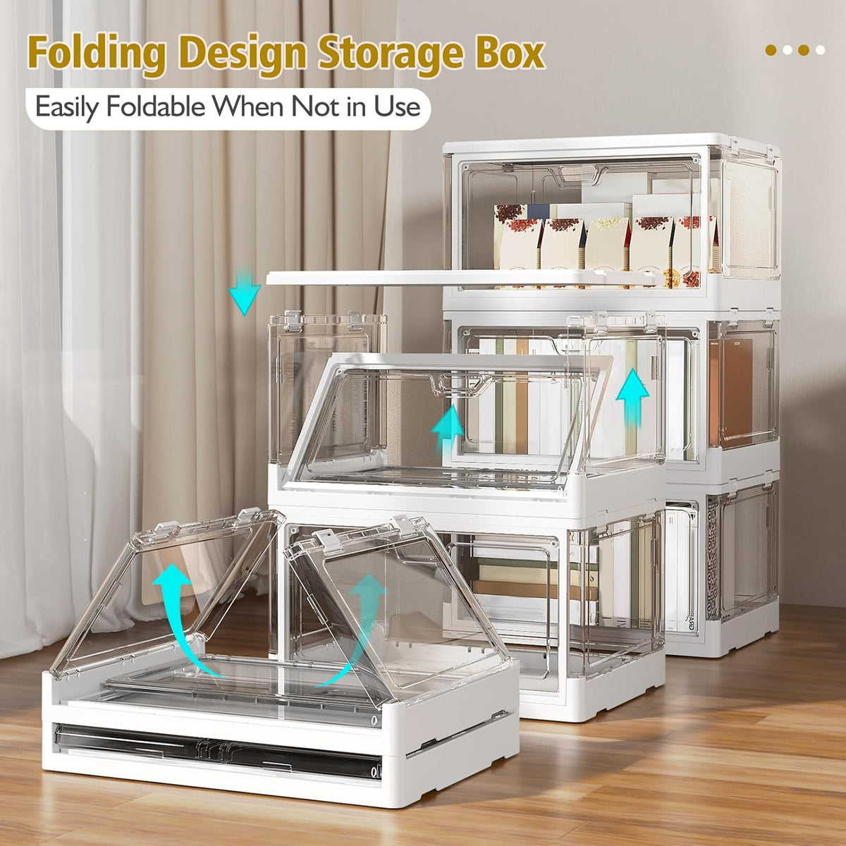 Clear Storage Bin with Lid 3 Pack 【Stackable & Sturdy】 Plastic Multifunctional Folding Storage Bins for Bedroom, Living Room, Study,Room, 23 QT Folding Box with Magnetic Door