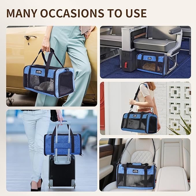 TSA Pet Carrier Airline Approved for Small Cats and Puppy, Cat Carrier Soft Fits Pets Up to 15 lbs, Dogs Carrier Bag with Litter Box Foldable, Ideal for Travel, Car Rides, and Vet Visits, Dark Blue