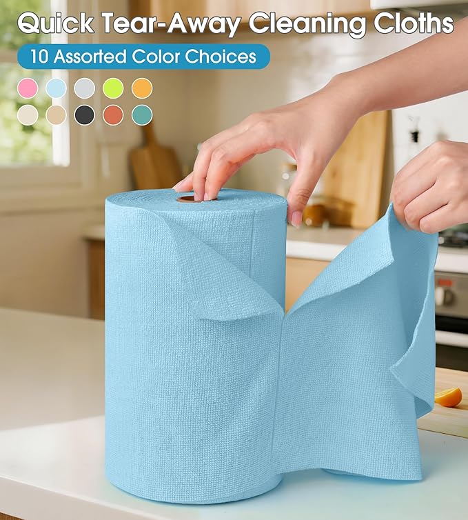 KitchLife Microfiber Cleaning Cloth Roll, 100 Pack - Tear-Away Microfiber Paper Towels, Lint-Free, Reusable, Washable for Kitchen, Car, Dishes, and Sensitive Surfaces (Blue)