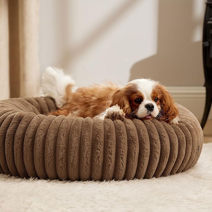 Bedsure Donut Medium Dog Bed - Washable Faux Fur with Corduroy Fleece & Anti Slip Bottom, Round Pet Bed with Removable Cover, Camel Brown, 30x30x8 inches