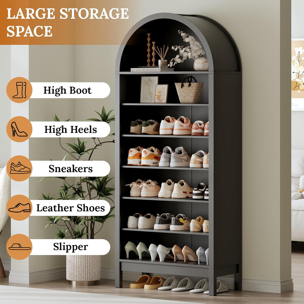 70" Tall Arched Shoe Cabinet, 7-Tier Shoe Rack with 3 Adjustable Shelves, Large Freestanding Shoe Organizer for Entryway, Closet, Hallway, Living Room (Midnight Black)