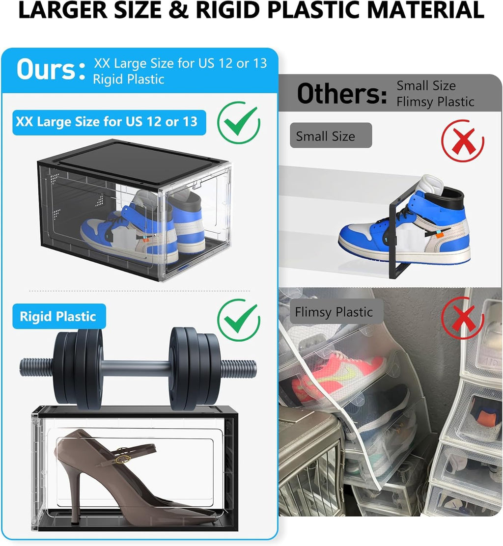 10 Pack Hard Sturdy Thickened Rigid XX Large Shoe Storage Organizer for Closet, Clear Stackable Sneaker Shoe Boxes Rack Containers Display Case Bins with Lids, Black Clear02