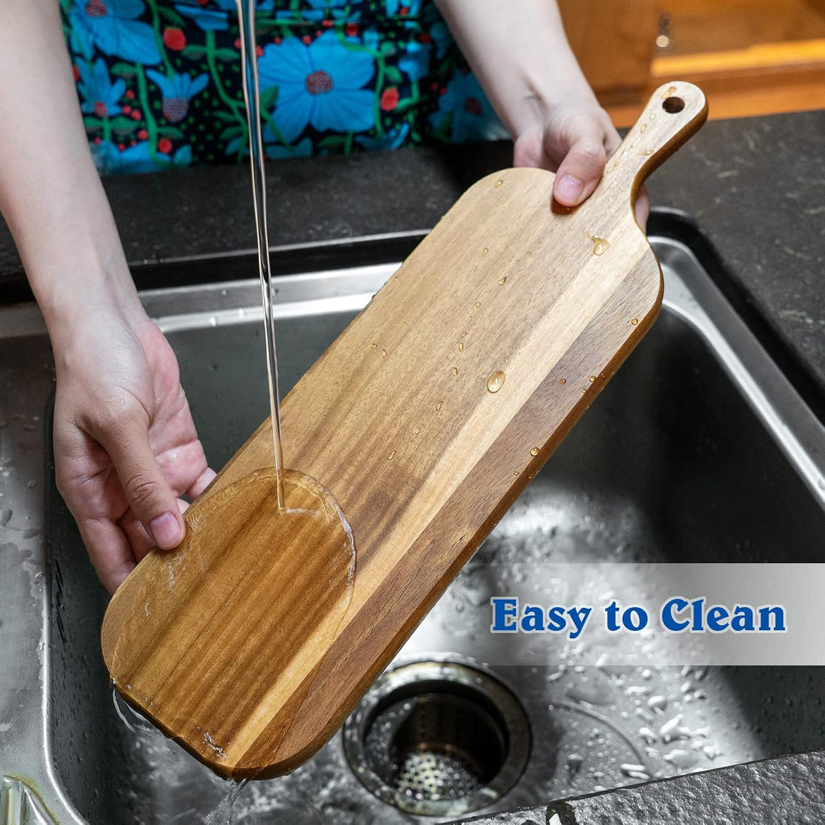 Wood Cutting Board with Handle, Long Acacia Serving Board Wooden Cheese Board Charcuterie Boards Wood Board for Food Bread Fruit 16.1x4.7x0.6 Inch