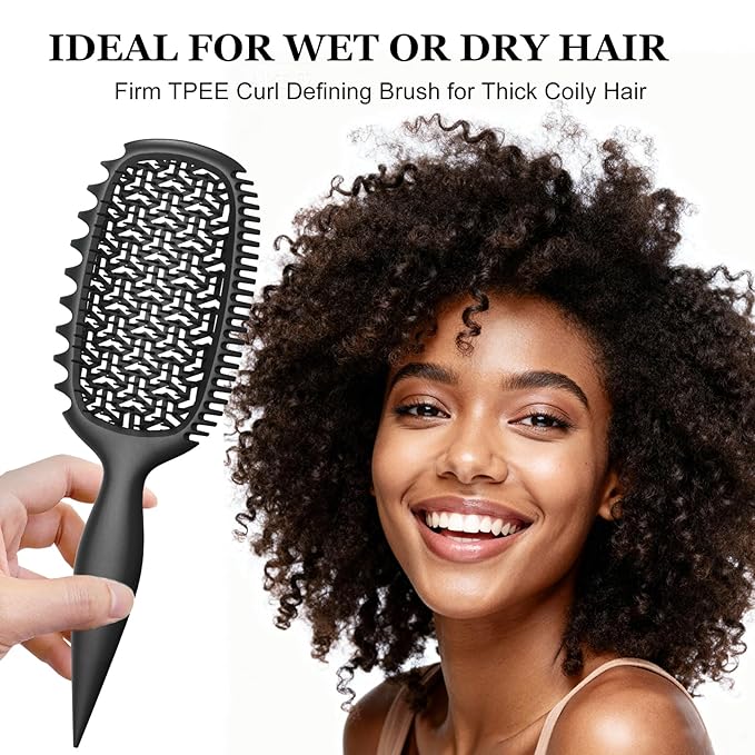 Curl Defining Brush for Thick Coily Hair, Firm-Bristle TPEE Detangling Brush for Coarse 4A–4C Curls, Dual-Sided Wide & Narrow Tooth Brush for Wet & Dry Curl Shaping– Women & Men (2054-Matte Black)