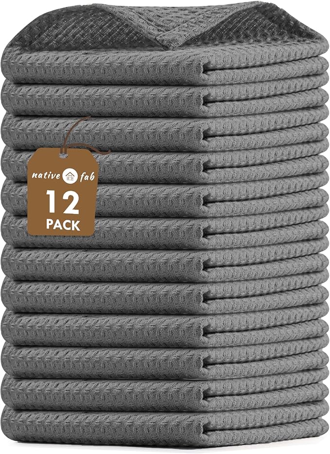 Native Fab 12 Pack Dish Cloths - 100% Cotton, Absorbent, Quick Drying, Reusable & Washable Towels for Cleaning, Cooking & Baking - Ideal for Home, Restaurants, Hotels, Cafes - 12 x 12 inches - Grey