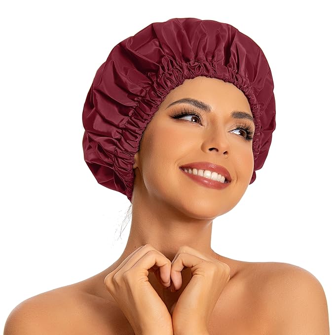 Reusable Shower Cap for Women, Large Waterproof Shower Essentials Bonnet Washable Elastic Band Bath Hair Wrap Hat for Long Hair, Braids(Burgundy)