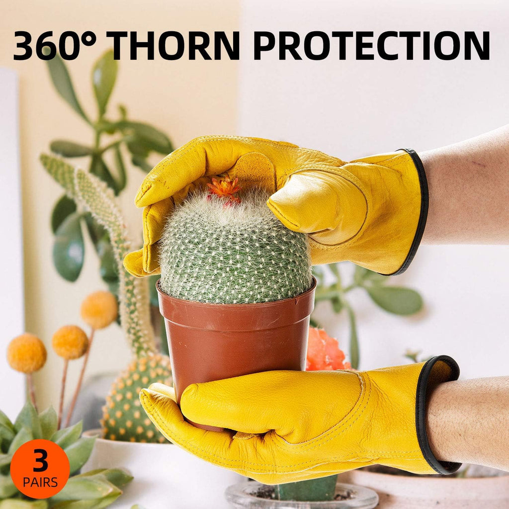 Vgo 3-Pairs Unlined Cow Grain Leather Work and Driver Gloves with Cow Split Leather Palm Patch (Size XXL, Gold,CA9590)