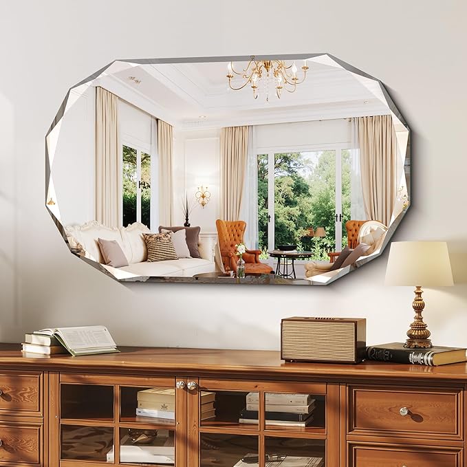 GLASHOM Frameless Bathroom Mirror, 30x48 inch Beveled Bathroom Mirror Wall