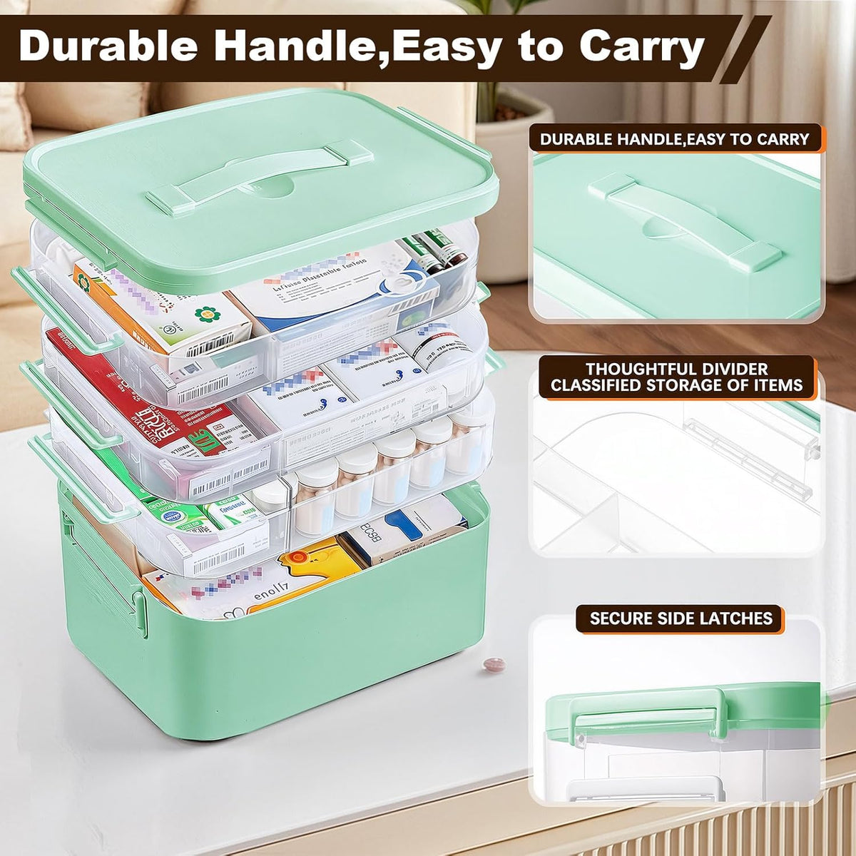 4-Tier Portable Medicine Cabinet Organizer, Large Medicine Storage Box with Handle, Plastic First Aid Box Empty, Multipurpose Medical Supply Organizer, Medication Storage with 3 Removable Tray (Green)
