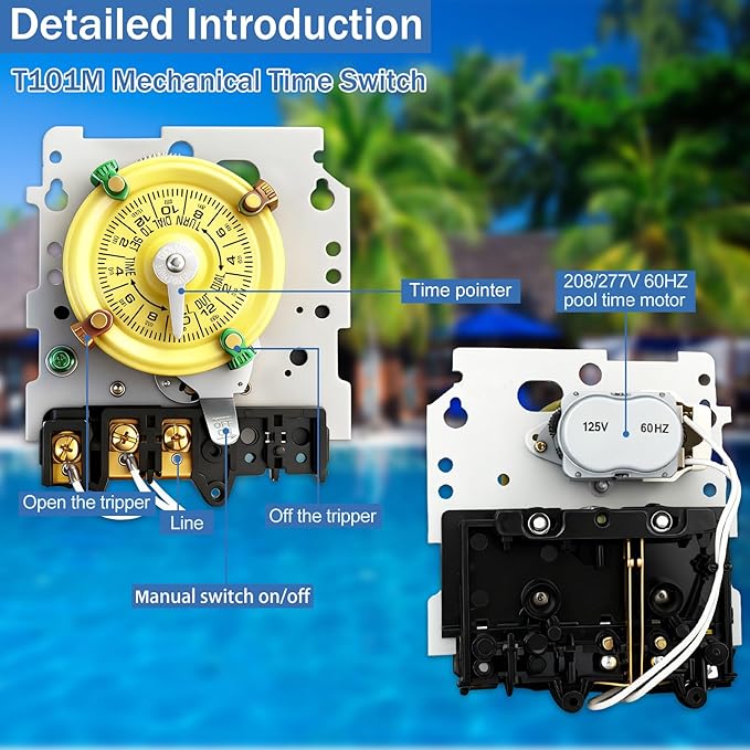 T101M Pool Timer Mechanism Only, Pool Pump Timer, 120V 2HP SPST 40A Time Switch