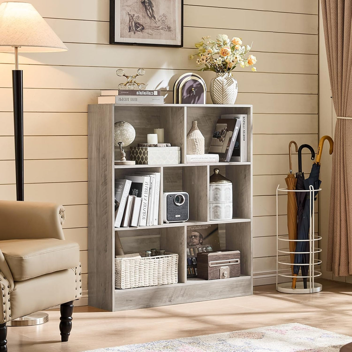LEYAOYAO 7 Cube Bookshelf with Base,3 Tier Mid-Century Modern Grey Bookcase,Standing Wide Bookshelves Storage Organizer Shelf,Rustic Wood Display Cabinet Book Shelves for Bedroom,Living Room,Office