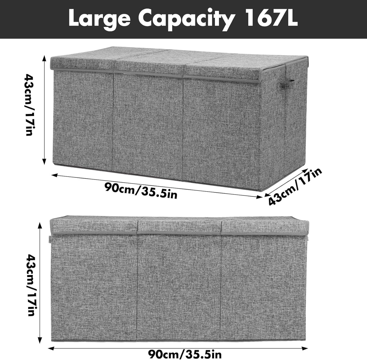 Extra Large Toy Box 167L, Sturdy Toy Storage Chest Organizer Bin Baskets with 2 Removable Divider for Boys, Girls, Kids, Nursery, Bedroom, Playroom, 35.5"x17" x17"(Linen Gray)