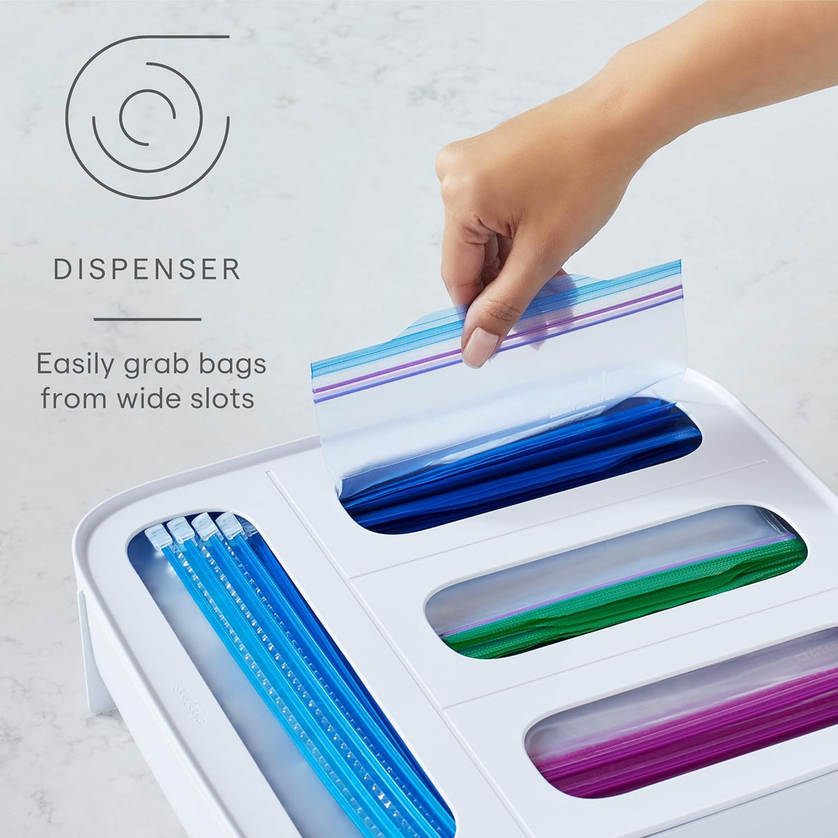 YouCopia StoraBag Food Bag Dispenser, Family Size 4-Slot, Plastic Sandwich Bags Drawer Organizer for Kitchen Storage