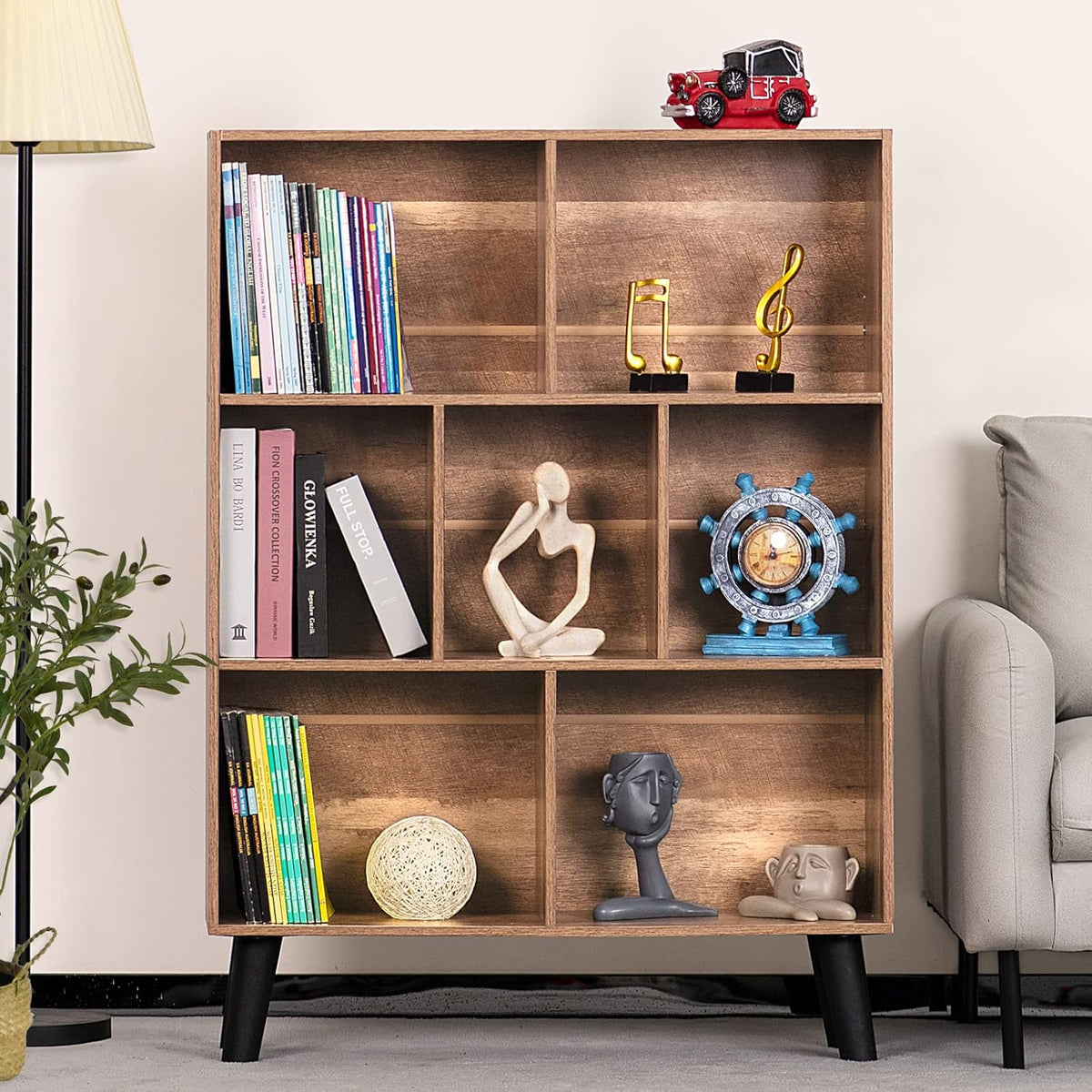 LEYAOYAO 7 Cube Bookshelf 3 Tier Modern Bookcase with Legs,Wood Book Shelves Storage Organizer Shelf,Free Standing Bookcases,Oak Display Bookshelves