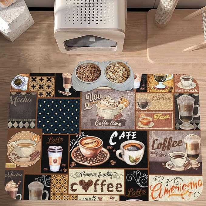 Boho Coffee Dog Food Mat Absorbent Bowl Mats No Stains Quick Dry Waterproof Pet Cat Placemats for Food and Water, 30x45cm