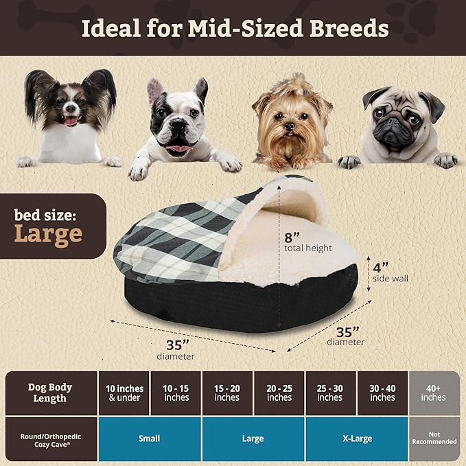 Snoozer Cozy Cave Dog Bed - Indoor Dog Bed with Cover Cave, Covered Calming Burrow for Small & Medium Sized Pets with Blanket Attached, Enclosed, Removable Washable Cover -Large, Barkley Black Diamond