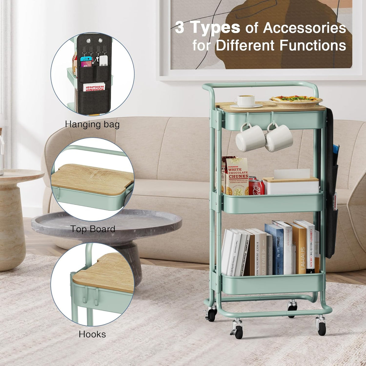 DTK 3 Tier Metal Utility Rolling Cart with Table Top and Side Bags, Metal Tray Storage Organizer Cart with Wheels, Art Craft Cart with 4 Hooks for Kitchen Bathroom Office Living Room (Green)
