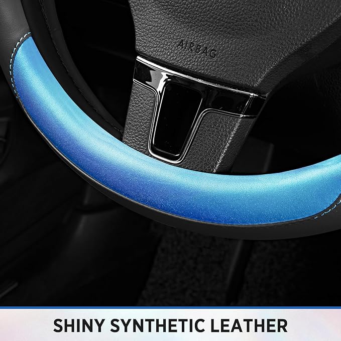 Road Comforts Steering Wheel Cover – Breathable Leather Steering Wheel Cover, Anti-Slip Grip, Universal Fit 14.5” to 15”, Heat & Cold Resistant for Cars, SUVs, and Trucks – Black & Metallic Blue