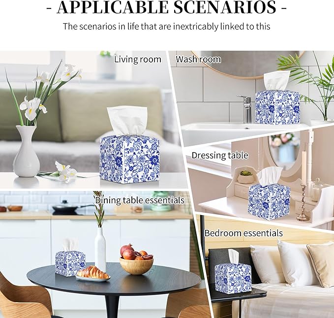 Tissue Box Cover,Blue and White Porcelain Flowers Pu Leather Square Tissue Box Cover Case Decorative Organizer for Bathroom Vanity Countertop Night Stands Office Desk & Car 5.2X5.2X5.2''