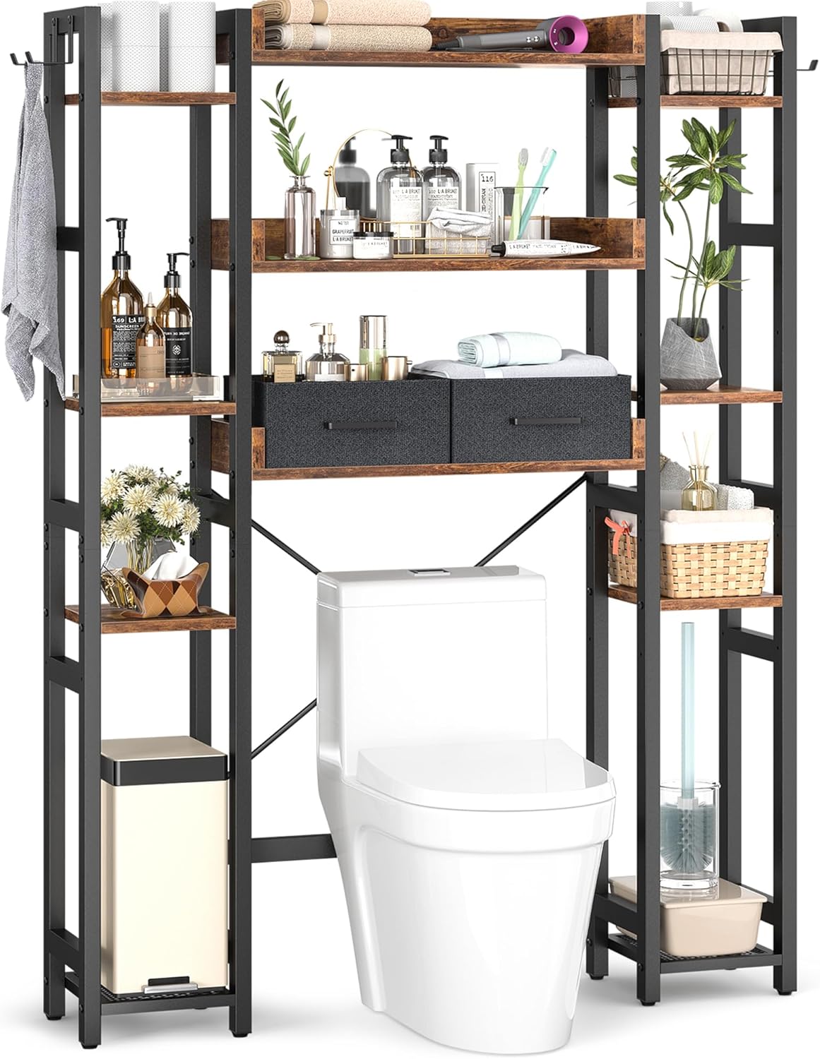 Over The Toilet Storage with 2 Drawers - 11 Tier Bathroom Organizer Freestanding Space Saver Storage Rack with Adjustable Shelf Above Toilet Stand with 4 Hooks for Restroom, Laundry, Rustic Brown