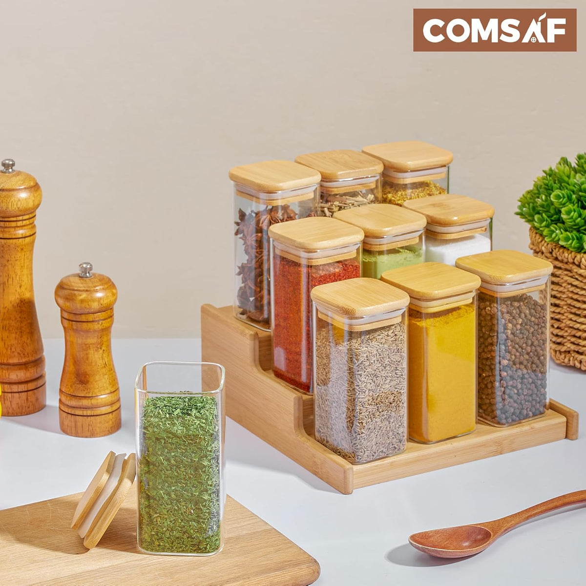 ComSaf 12Pcs Glass Spice Jars with Bamboo Lid, 10oz Airtight Square Containers with 275 Black Lables, Empty Seasoning Jars for Spice Salt Sugar