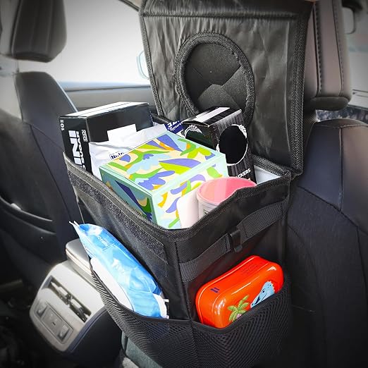 Armor All Car Trash Can & Organizer, 2.63 Gallon Waterproof Covered Garbage Bin, 3 Mesh Pockets, Collapsible for Easy Storage, Adjustable Strap & Hook for Backseat Hanging, 9.5” L x 6.25” D x 10.25” H