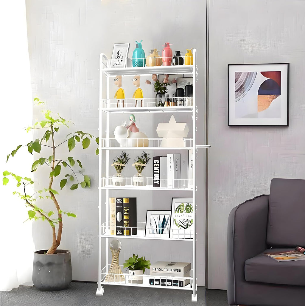 6 Tier 6in Slim Rolling Cart with Handle, White Mobile Shelving Unit with Wheels, Metal Wire Storage Rack with Baskets for Kitchen Bathroom Office Laundry Narrow Piaces